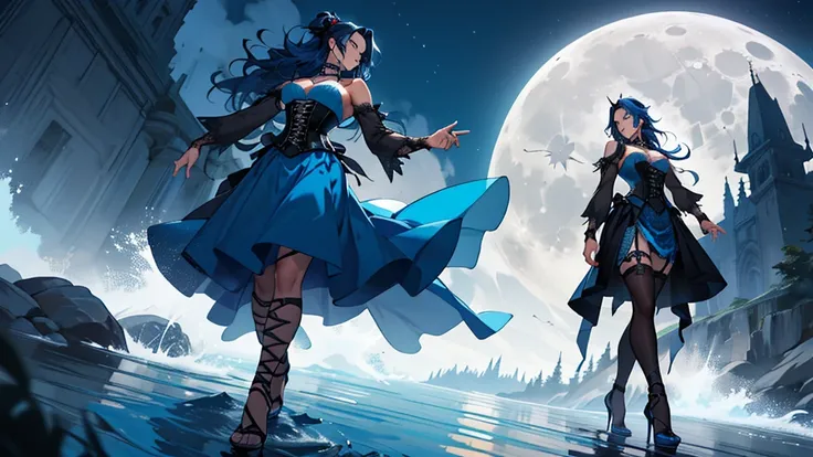 Ultra detailed (skinny man, goth, tan skin, lattin, long blue dress, corset, fashion, long dark blue hair, shallow river, wild, walking, pose, frogs, moon, magic, bottom up view, high heels over the knee)