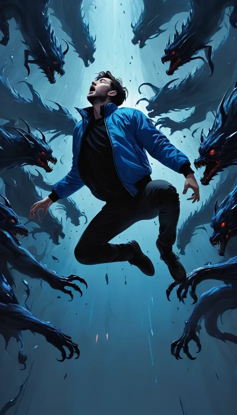 side view, a man floating in mid-air falling down the void in fetal position, centered, wearing a blue jacket, lateral view. the wide infinite walls are filled entirely with the overlapping interwhinted bodies of demonic monsters with black melting skin, t...