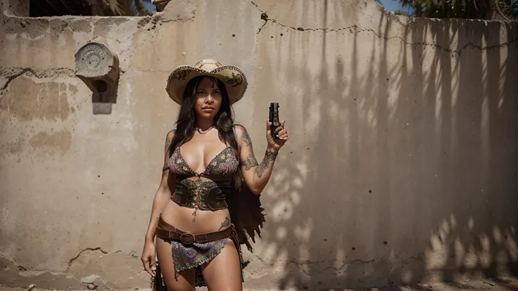 mexican senorita with gun. vintage tattooed female bandito wearing skimpy sexy traditional dress. ammunition belts crisscrossed across naked chest. wearing mexican sombrero and La Catrina dress.  standing outside old mexican clay church. outlaw woman brand...