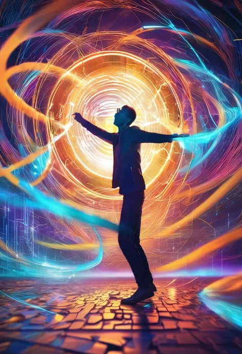 A vibrant and chaotic scene with a person reaching out towards a distant, glowing cryptocurrency symbol, surrounded by blurred, fast-moving digital data streams, symbolizing urgency and the fear of missing out.