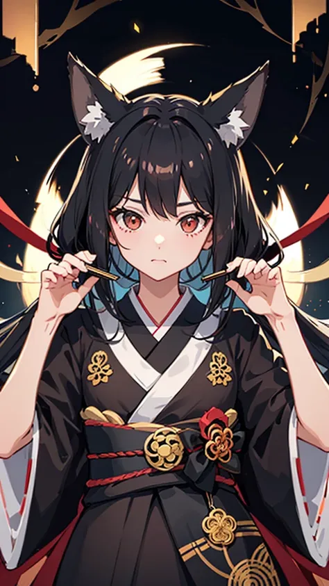 Black hair and fox ears、anime、One woman、Black Ribbon、kimono、kimono、Hime cut、anime tone、beautiful girl、best quality、high quality、good anatomy、good hands、good body、lie down、On the white bed、Facing front、