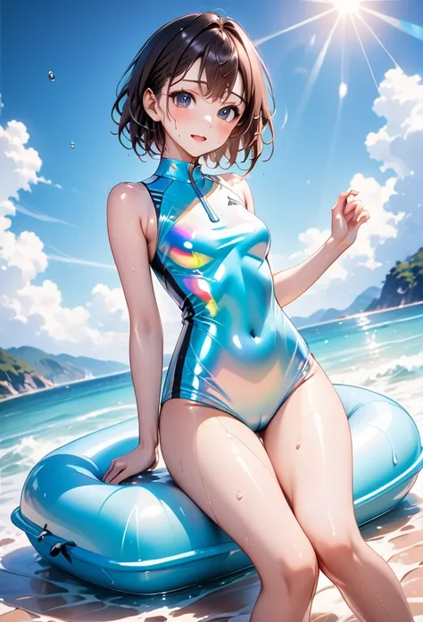 ((Lying on a rubber boat floating on the sea)), ((rash guard)), ((Sleeveless)), ((swimsuit sides see-through)), ((The swimsuit is a vivid color)), holographic fabric, skindentation, skinny, solo, 1 woman, Masterpiece, highest quality, highest quality, 16K,...