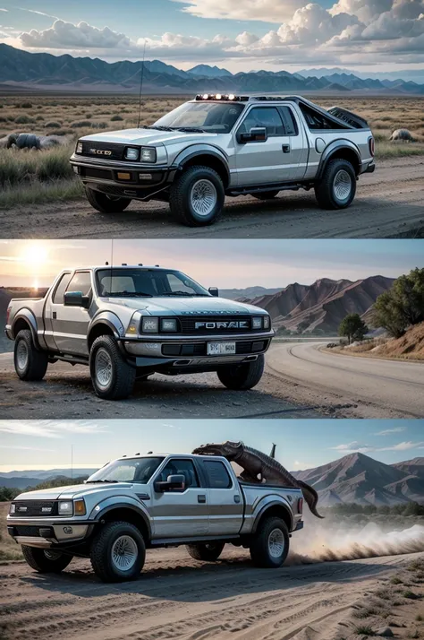 create a movie set "back to the Future" but it takes place in the age of the dinosaurs and the main car, he delorean drives a ford f150 raptor, A truck. Also that a dinosaur is running towards the truck and the truck is running away from the dinosaur. 