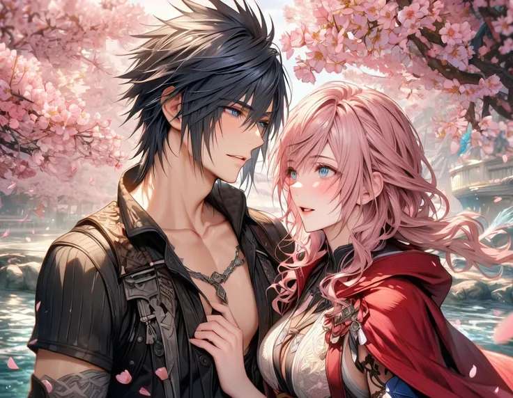 Ultra detailed, HDR, Highres, absurdres, master piece, Claire Farron, wavy pink short hair, expressive aqua pale eyes, Lightning Farron, Final Fantasy XIII, Noctis Lucis Caelum, black hair, expressive blue eyes, Final Fantasy XV, a beautiful woman together...