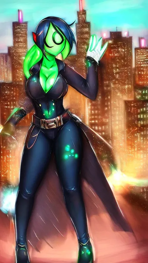 masterpiece, best quality, 1girl, black hair, blue eyes, green lantern costume, white gloves, cityscape background 