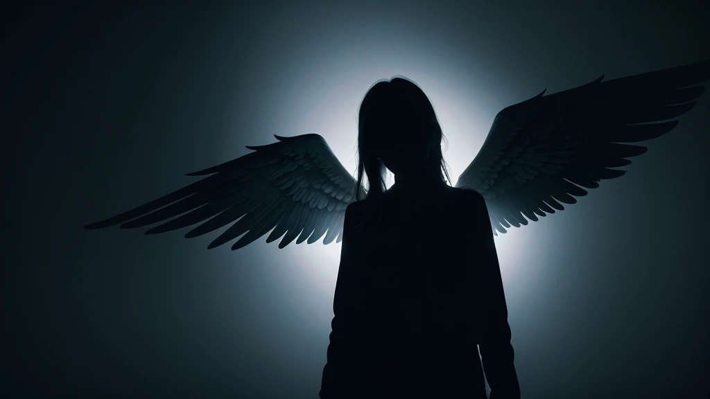 Create an image of an angel shadow with a dark background and the words “Which Mysterious Angel Exists?”
The image must contain a dark and mysterious atmosphere.