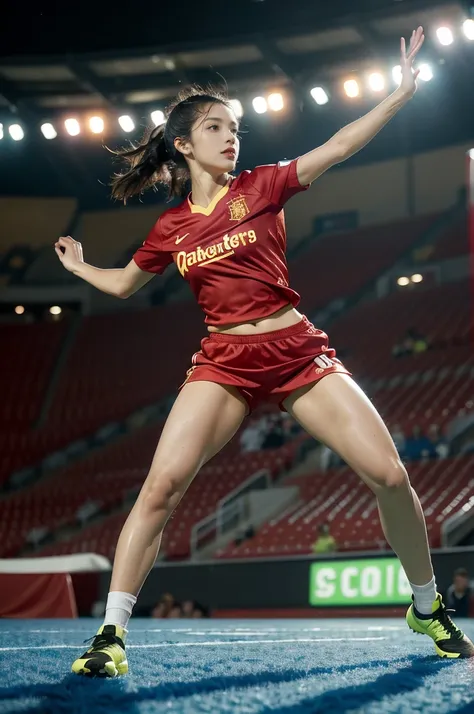 (((best quality))), (((ultra detailed))), (((masterpiece))), illustration, female footballer, Spanish team, red jersey, blue shorts, determination, agility, passion, dedication, energetic crowd, vibrant atmosphere, electric, invigorating, chaotic, aggressi...