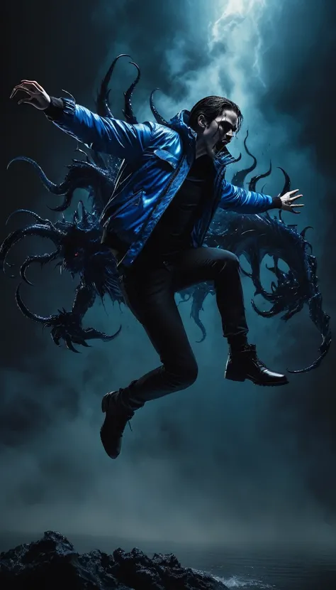 side view, a man floating in mid-air falling down the infinite void, centered, wearing a blue jacket, lateral view. the wide infinite walls are filled entirely with the overlapping interwhinted bodies of demonic monsters with black melting skin, these mons...