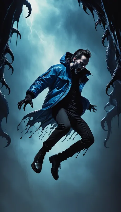 side view, a man floating in mid-air falling down the infinite void, centered, wearing a blue jacket, lateral view. the wide infinite walls are filled entirely with the overlapping interwhinted bodies of demonic monsters with black melting skin, these mons...