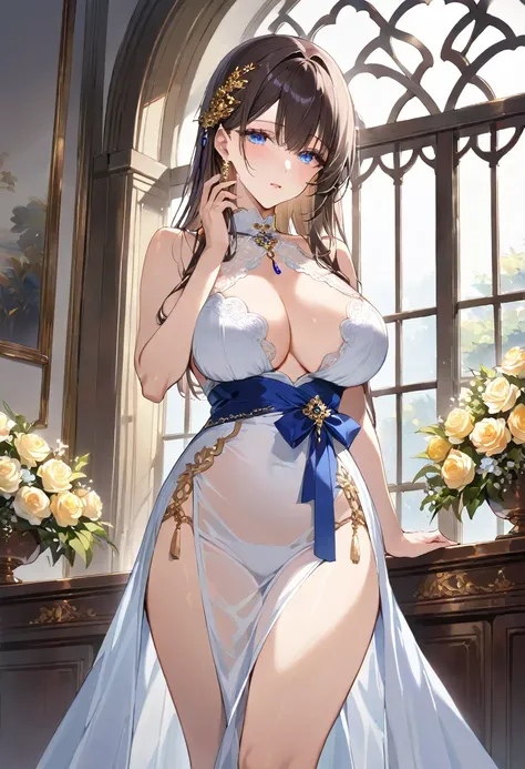 masterpiece, best quality, ultra detailed, detailed eyes, sparkling eyes, nsfw, ((large breasts)), (((see through))), 1girl, The image features a young woman with long, dark hair adorned with a golden hair accessory and a blue ribbon. She has a fair comple...