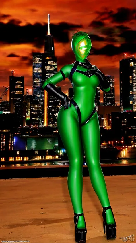 masterpiece, best quality, 1girl, black hair, blue eyes, green lantern costume, white gloves, cityscape background 