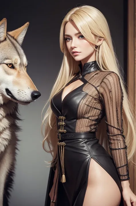 Create a long-haired blonde executive woman with a wolf at her side.