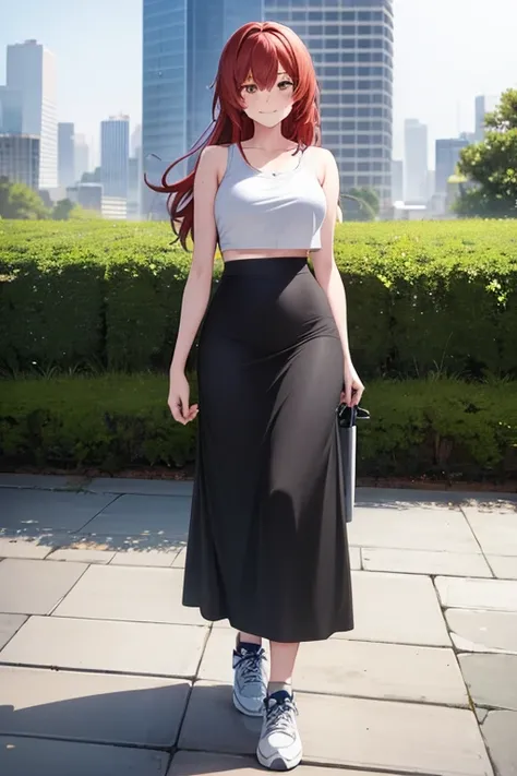 1girl, woman walking, wearing gray t-shirt, crop top, black midi pencil skirt, long skirt, sneakers, socks, outdoors, garden, summer, sweat, long red hair, looking at viewer, full body, smile, blush