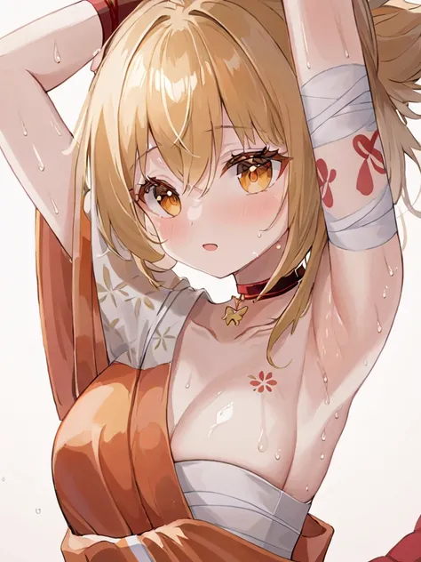 Super detailed,(Highest quality),((masterpiece)),(High resolution),original,very,(Small merit),One girl, Underarm, chest, alone, blush, Blonde, View your viewers, orange kimono, Raise the hand, kimono, kimono, chestの谷間, Arm tattoo, Sweat, Red choker, Upper...