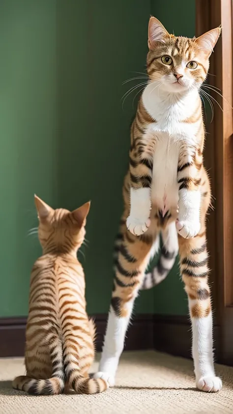 Cat meme material
A ginger tabby cat standing on two legs with beautiful patterns. The cat is facing forward, looking ahead with long legs. Its face has a clear and distinct expression, looking brave and cool.
