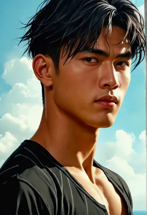 Young man with a Thai-Asian face,small eyes,Sharp eyebrows ,8K images,realistically,Wear a tight sports t-shirt.,Have muscles,Secondary hair style
