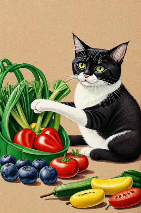 Drawing of cat eating vegetables and fruits