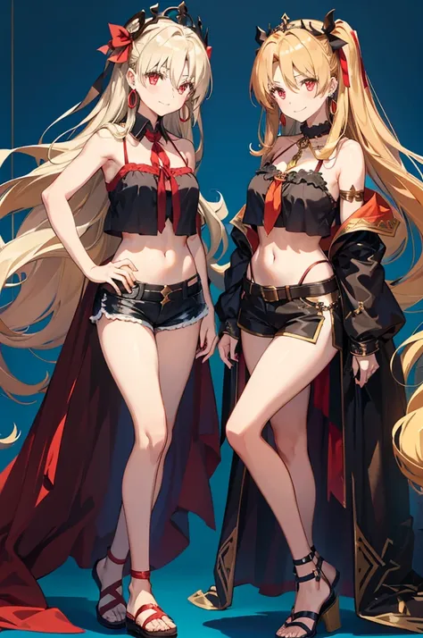 ereshkigal (fate), ishtar (fate), long hair, breasts, looking at viewer, smile, bangs, multiple girls, blonde hair, black hair, red eyes, ribbon, navel, 2girls, bare shoulders, jewelry, closed mouth, collarbone, full body, hair ribbon, earrings, shorts, mi...