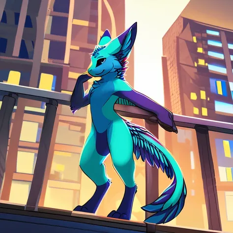 Solo, male, furry art, fursona, Avali, (((Cyan primary fur))), white secondary, (perky ears), cool pose, city background, amazing art, masterfully executed, beautiful background, normal body, paws , avali , wings , feathers , better face, better eyes.