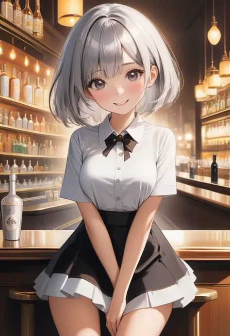 (((masterpiece))), high resolution, (incredibly absurdres:1.1), (hires.fix:1.3), anime style, BREAK girl, silver hair, bob cut, bang between eyes, silver eyes, 17 years old, perfect hands, perfect fingers, perfect legs, smile, shy, large breast, BREAK (Aut...