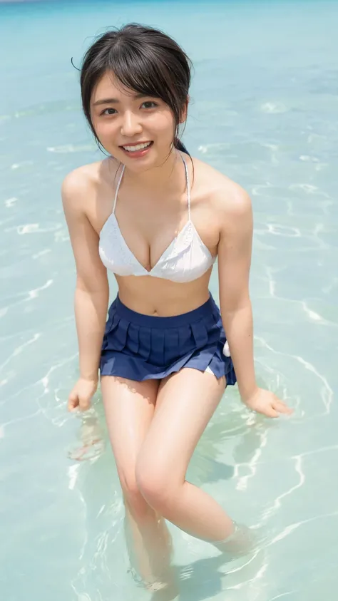 (((sunny day、Japanese 、Beach、A strong wind is blowing、Her hair and skirt are flying、Crouch down, Scooping up seawater and spreading your hands、Traditional navy blue sailor uniform、White blouse、Pleated skirt、Playing in sea water:1.25、splash、Pour water on th...