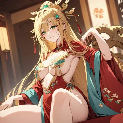 ((Highest quality)), ((masterpiece)), (detailed), （Perfect Face）、The woman is a Tieryu with green eyes, medium-long blonde hair, and is wearing a gorgeous ancient Chinese court costume embroidered with gold and red, with a gorgeous hair ornament.、The woman...