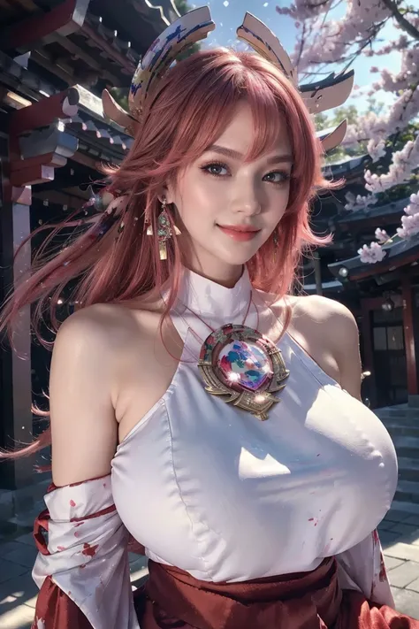 kpop idol, yae miko, detached sleeves, bare shoulders, pink hair, long hair, japanese clothes, best quality, (painting:1.5), (hair ornament:1.35), jewelry, purple eyes, earrings, (very huge round breasts, big breasts: 1.3), torii, cherry blossoms, lantern ...