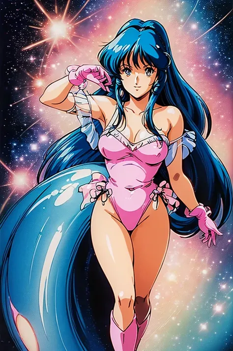 ((((Masterpiece ,Best Quality, Highest quality realistic retro anime......)))),(((lynn minmay))), blue dress, top wo nerae!, 1 girl, alone, ((hyper realistic long blue fur)), looking at the viewer, SMILE, Hits,shirt, ((Very detailed and realistic light blu...