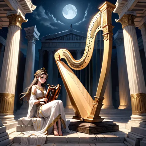 (best quality,ultra-detailed,realistic:1.37), humor, comic style, bold lines, a young priestess, sitting, she places a harp larger than herself in front of him and plays it, playing a large lyre, ancient Greek temple, late at night, inside the temple it is...