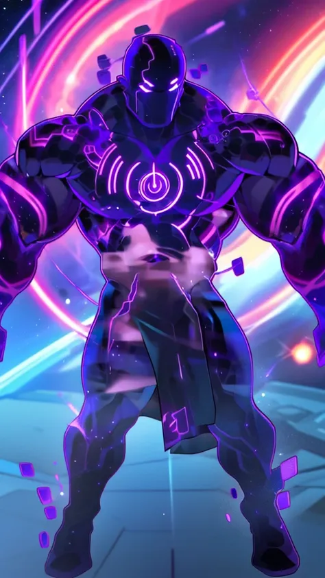 A colossal bara God, Void, Black hole head, Black and neon purple skin color, giant pecs, big belly, galaxy, Godlike, wearing a godly black and purple skirt, Space, Calamity, Bara art, high quality, HD