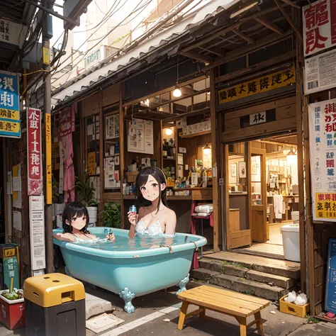 (masterpiece、Highest quality)、(Photorealistic photography)、1 picture、(Japans dimly lit underground mall)、Japan favelas、13 years old、、Showa Retro、Detailed and cute face、Poor conditions、(Underground hot spring facilities)、shaved ice、Sale of drinks、Unsanitary...