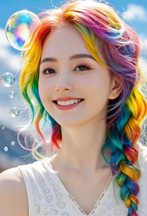 (masterpiece, Top quality, best quality, watercolor (Moderate), Official Art, beautiful and aesthetic: 1.2), (1 girl: 1.3), (Fractal Art: 1.3), morning, Good morning, Smile, sunny, hapiness, Viewer, pattern, Waves, (Rainbow Hair, rich and colorful Hair: 1....