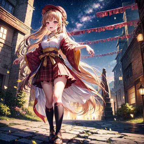 Pink, red, brown, gold, gold hair、Red gold eyes、Hair tied up、One good looking girl、solo、anime、Checkered mini skirt、Ruffles on the skirt、Checked dress、blouse、Kimono、Black knee-high socks、Ribbon、Ribbon on waist、Teeth are visible、Sparkly Necklace、From above、C...