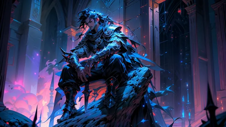 In a fantasy world under a nebula-filled night sky, a rugged anime character with a muscular build, spiky black hair, and a large sword stands stoically. Clad in dark armor with a long cape flowing behind, they gaze out into the starlit horizon.