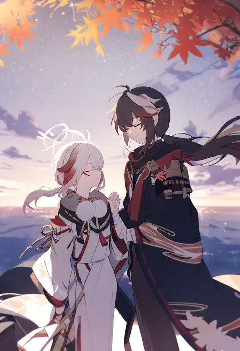 A couple, walking holding hands, under the stars, beautiful sky, 1 girl, Columbina, closed eyes, black fur, wide, 1 chico, Kaedehara Kazuha, white hair with a red streak,