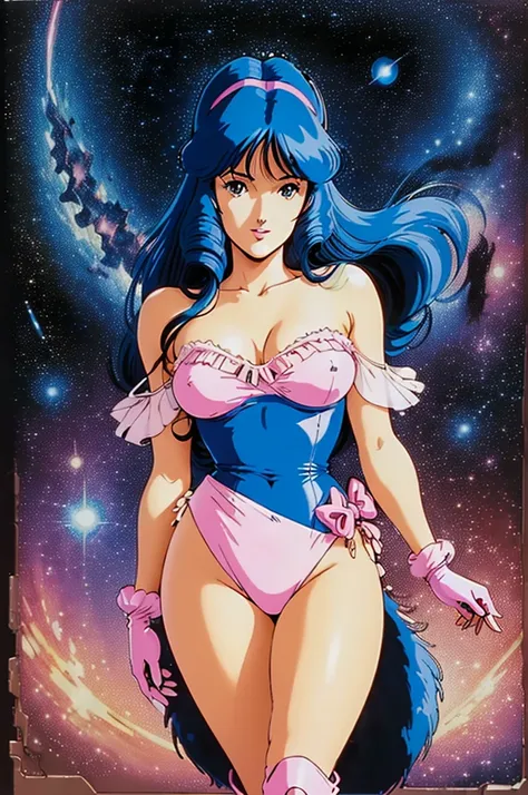 ((((Masterpiece ,Best Quality, Highest quality realistic retro anime......)))),(((lynn minmay))), blue dress, top wo nerae!, 1 girl, alone, ((hyper realistic long blue fur)), looking at the viewer, SMILE, Hits,shirt, ((Very detailed and realistic light blu...