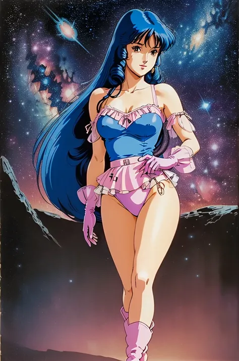 ((((Masterpiece ,Best Quality, Highest quality realistic retro anime......)))),(((lynn minmay))), blue dress, top wo nerae!, 1 girl, alone, ((hyper realistic long blue fur)), looking at the viewer, SMILE, Hits,shirt, ((Very detailed and realistic light blu...