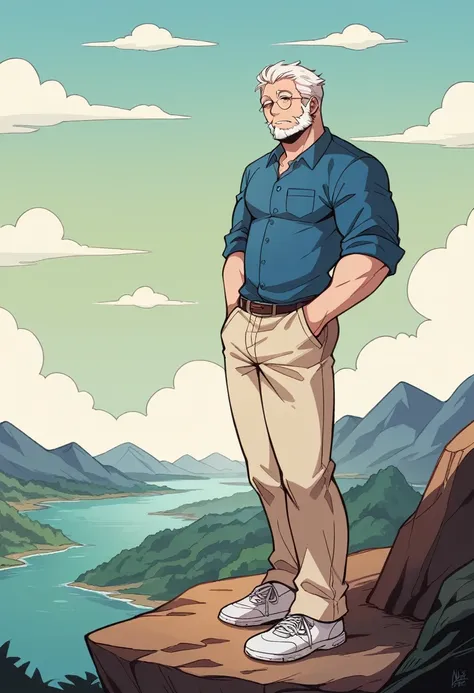 Create a high-quality anime-style image of a man standing on a rocky cliff by the sea.. man with white hair, beard, and wears round glasses. He wore a blue shirt., Beige pants rolled up at the ankles., and white sneakers. His expression was relaxed., With ...