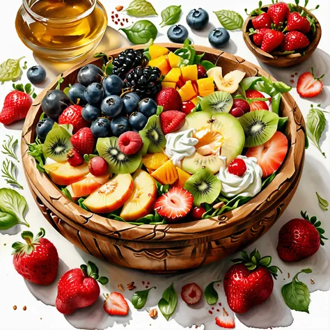 there is bowl of salad made of different fruit , fresh and creamy, with white cream and mayonnaise, served in classy medieval ag...