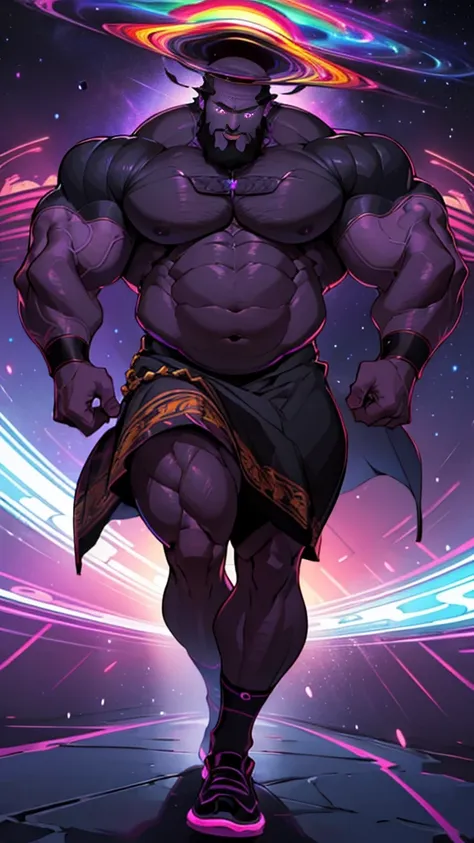 a colossal bara god, void, black hole head, black and neon purple skin color, giant pecs, big belly, galaxy, godlike, wearing a ...