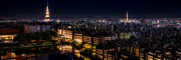 A fabulous cityscape with buildings and a fountain reflected, Japanese cities at night, Tokyo prefecture, City light reflections, Japan at Night, Downtown Japan, Urban reflection, Tokyo japan, Tokyo at night, Urban reflections, in Tokyo at night, Tokyo cit...