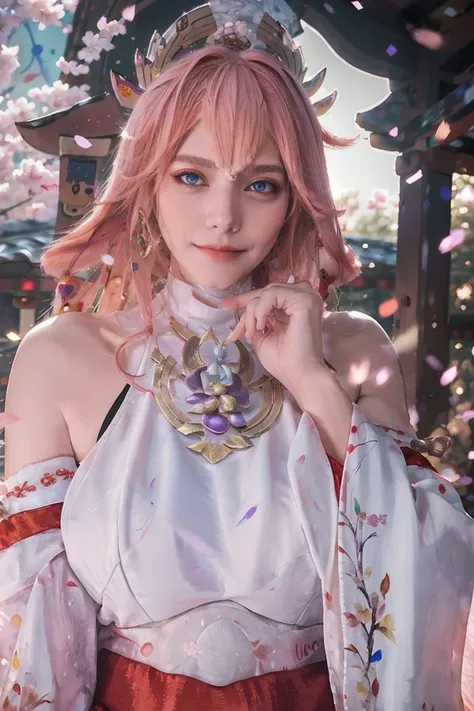 kpop idol, yae miko, detached sleeves, bare shoulders, pink hair, long hair, japanese clothes, best quality, (painting:1.5), (hair ornament:1.35), jewelry, purple eyes, earrings, (big round breasts, large breasts: 1.2), torii, cherry blossoms, lantern ligh...