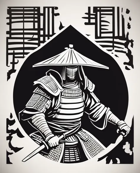 A Japanese samurai wearing traditional Japanese armor and a hood like that worn by Kenshin Uesugi is depicted in a simple paper cutting style in black and white, with a dynamic feel.