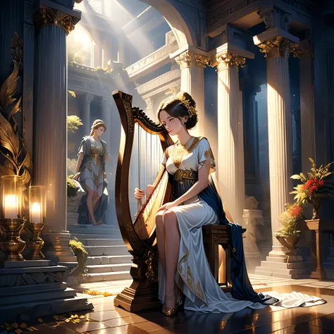 (best quality,ultra-detailed,realistic:1.37), humor, comic style, bold lines,a young priestess, sitting, she places a harp larger than herself in front of him and plays it, playing a large lyre, ancient Greek temple, late at night, inside the temple it is ...