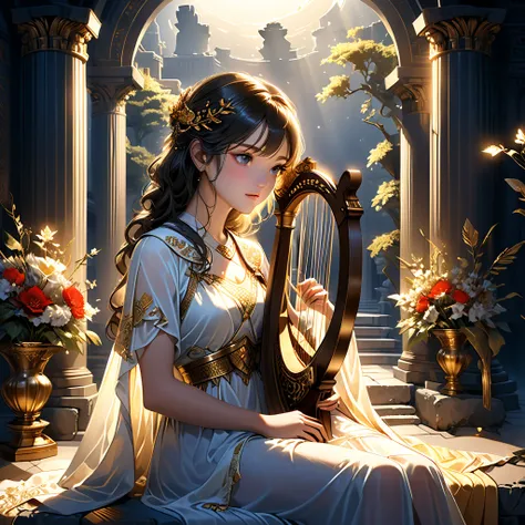 (best quality,ultra-detailed,realistic:1.37), humor, comic style, bold lines,a young priestess, sitting, she places a harp larger than herself in front of him and plays it, playing a large lyre, ancient Greek temple, late at night, inside the temple it is ...