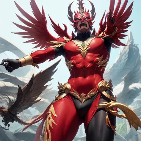 a garuda in pose like he want to fly, angry face