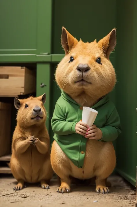 A capybara in green, yellow and red clothing holding a joint 