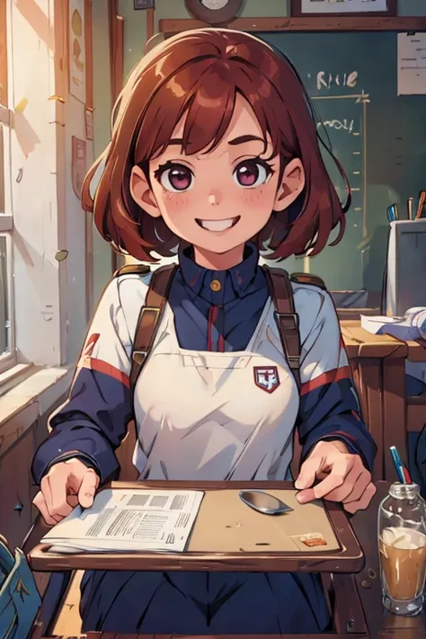 One girl. Perfect face. Perfect hands. A copper haired girl with copper eyes wearing a navy uniform is eating lunch at a school desk with a big smile