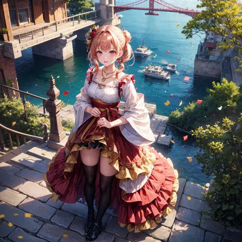 Pink, red, brown, gold, gold hair、Red gold eyes、Hair tied up、One good looking girl、solo、anime、Checkered mini skirt、Ruffles on the skirt、Checked dress、blouse、Kimono、Black knee-high socks、Ribbon、Ribbon on waist、Teeth are visible、Sparkly Necklace、From above、C...