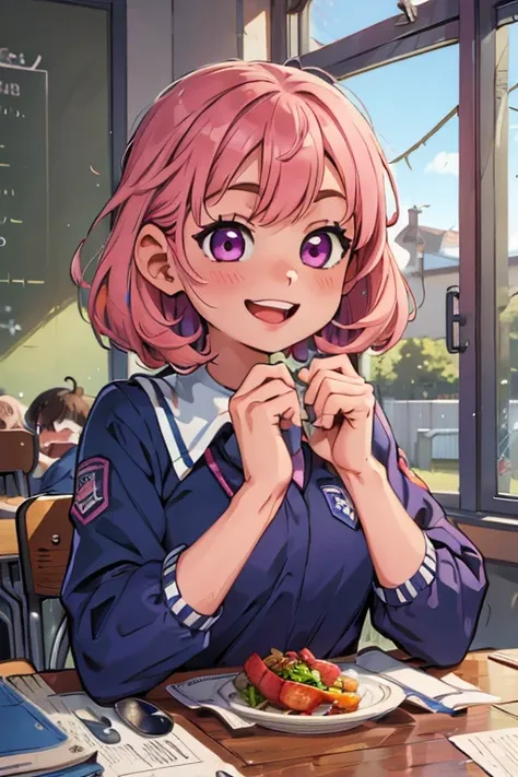 One girl. Perfect face. Perfect hands. A pink haired girl with violet eyes wearing a navy uniform is eating lunch at a school desk with a big smile
